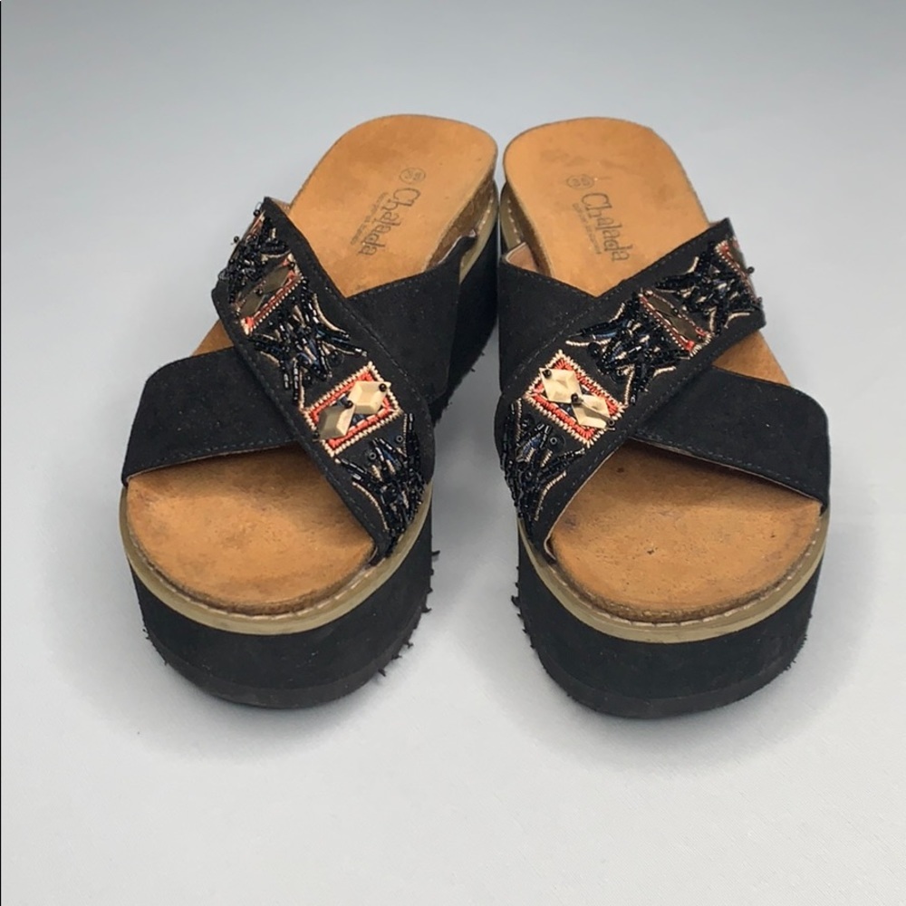 Chalada Black Beaded Embellished Platform Wedge Sandals